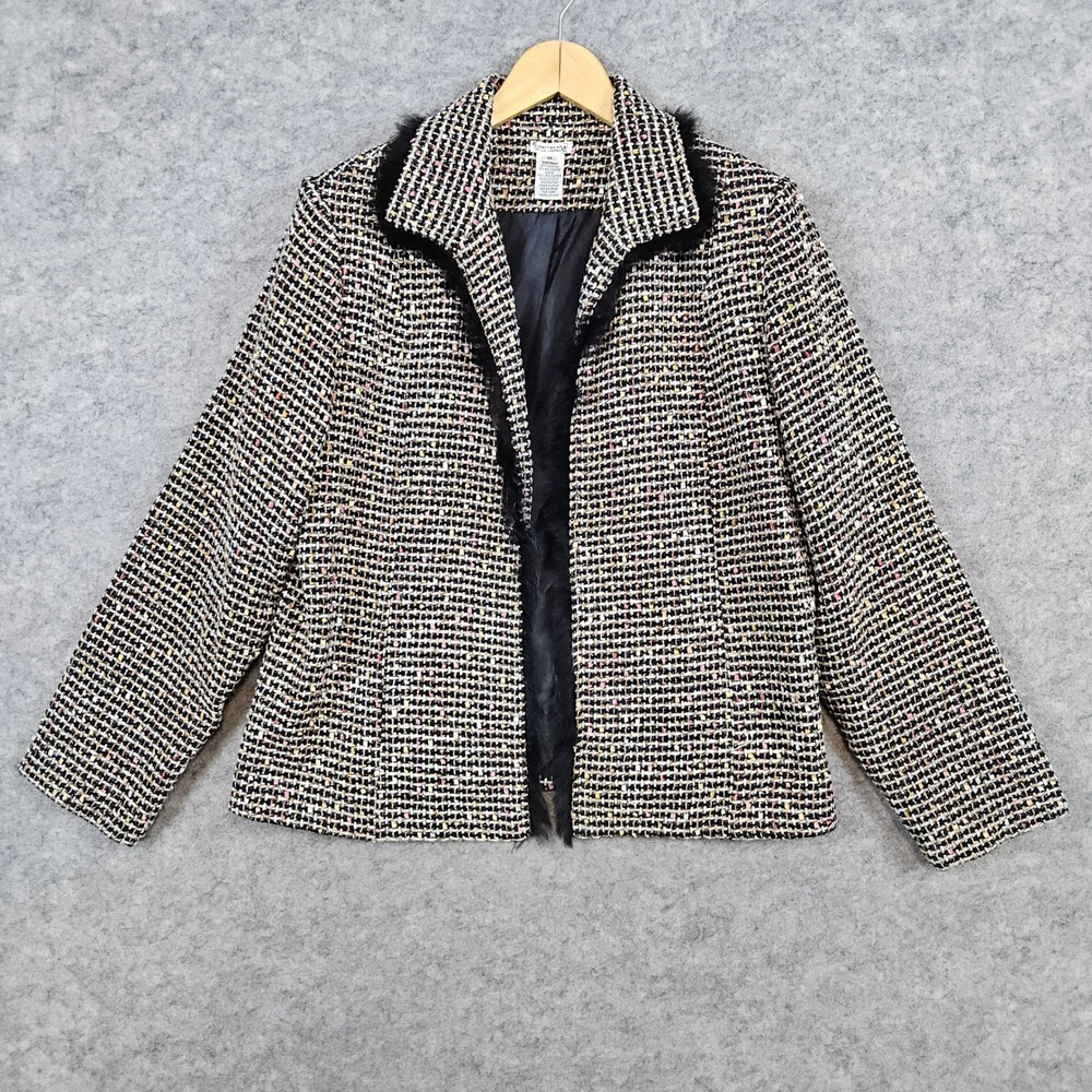Graffwear Tweed Open Front Jacket Women's Size‎ M Multicolor Faux Fur Trim Lined